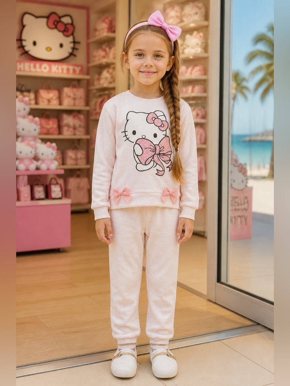 Hello Kitty Girls 2Pc Fleece Sweatsuit Set Pink Bow Sweatshirt 4T / Pants 5/6T